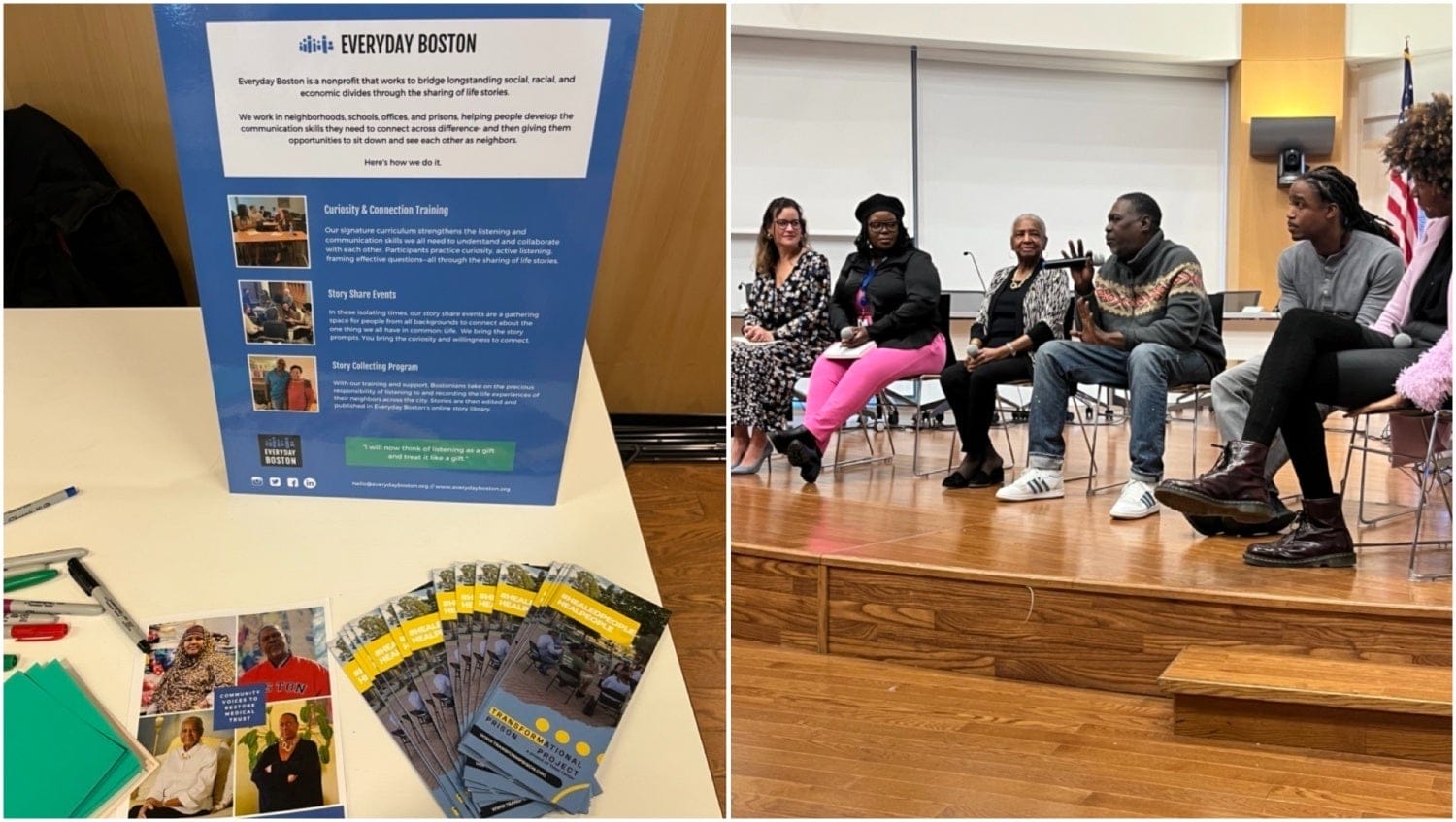 Two pictures sit side by side. At the left, you have a depiction of pamphlets and other external materials promoting the work of Everyday Boston and Storytelling to Rebuild Medical Trust; on the right you have a photo of the panelists — the man speaking is Black man, and all other panelists are inclined towards him. 