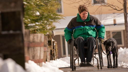 A person with MS in a wheelchair travels down the sidewalk with a dog.