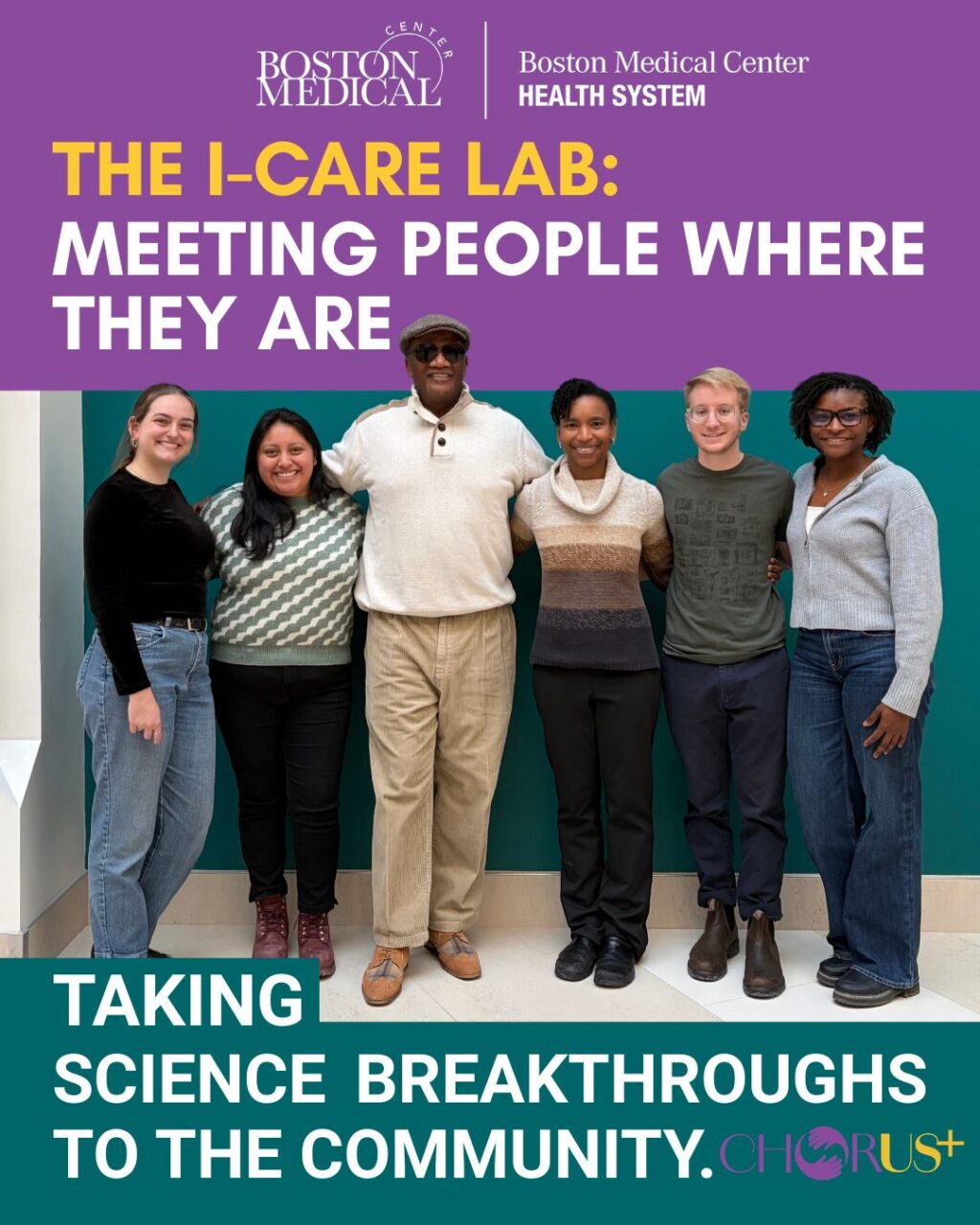 six adults standing and posing together in a line with a headline that says "the I-Care Lab"